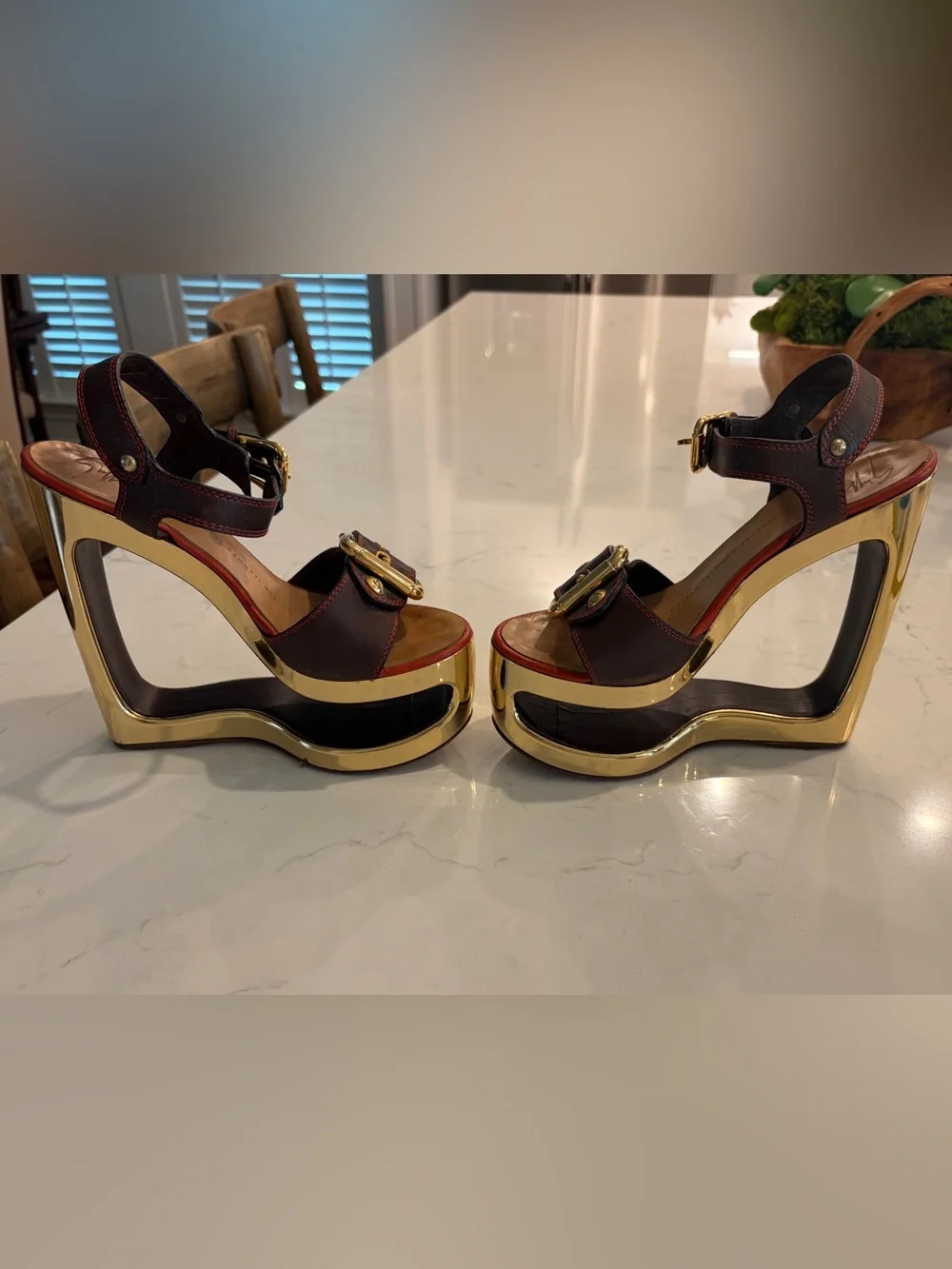 GIUSEPPE ZANOTTI “Bloc” sandals with gold wedge heel. Size 35 or U.S. 5. SO FUN!